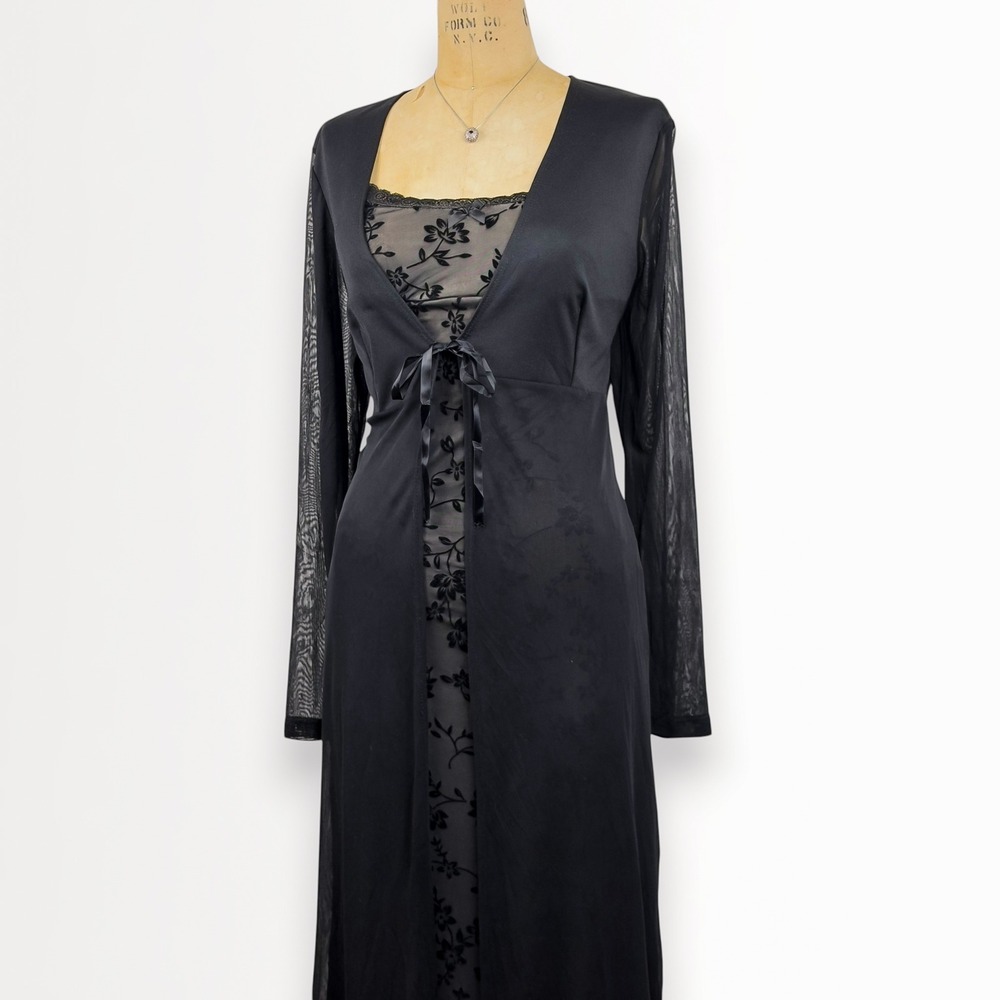 90s Womens L Entrancy Sheer Long Robe Tie Front Duster Romantic Whimsygoth